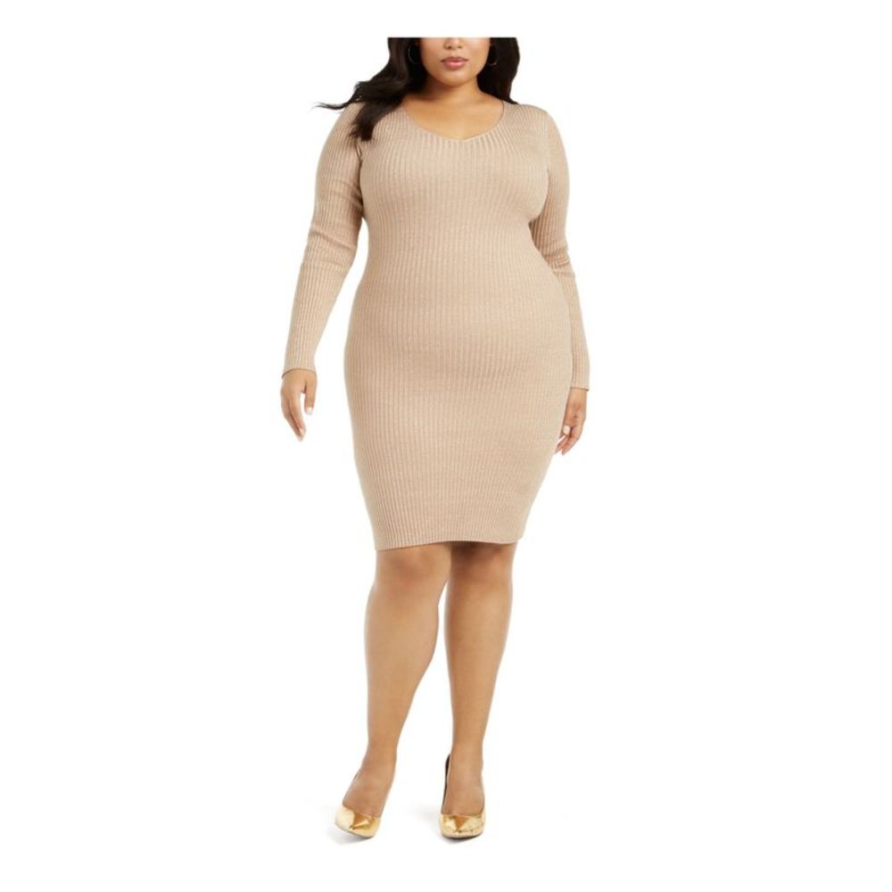 PLANET GOLD PLUS Womens Gold Corset Back Long Sleeve Midi Body Con Dress Plus 1X